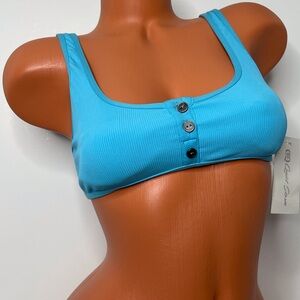 NWT $99 L*space M Robbie Bikini Top Buttons Ribbed Aqua Teal Smooth Super Soft
